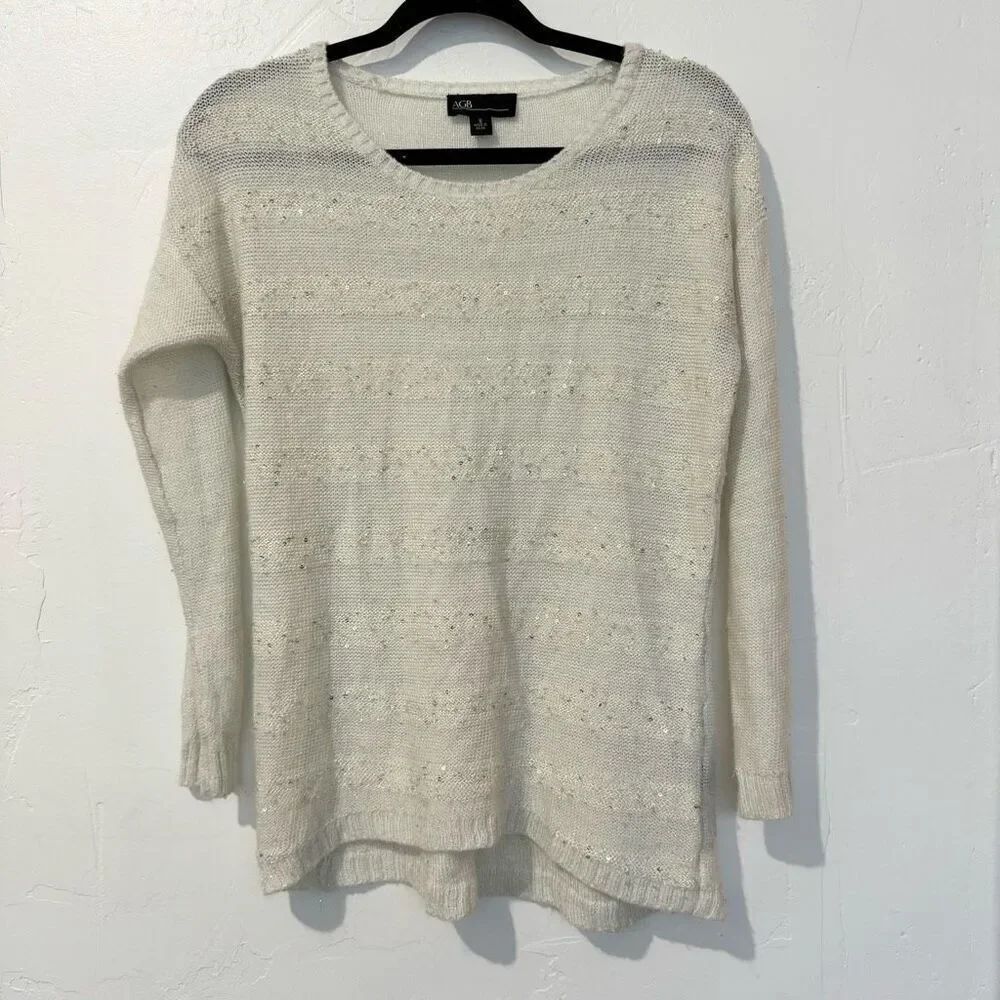 🔥4/$25 AGB Women's White Sequin Knit Round Neck Long Sleeve Pullover Sweater Sm